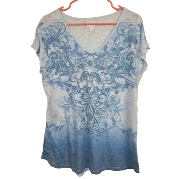 Sunday Womens BOHO T-Shirt Medium Light Blue Paisley Embellished Short Sleeve - Picture 1 of 8